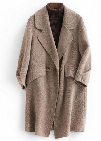 Kvinner Pluss Størrelse Lommer Outwear Khaki Notched Woolen Coat