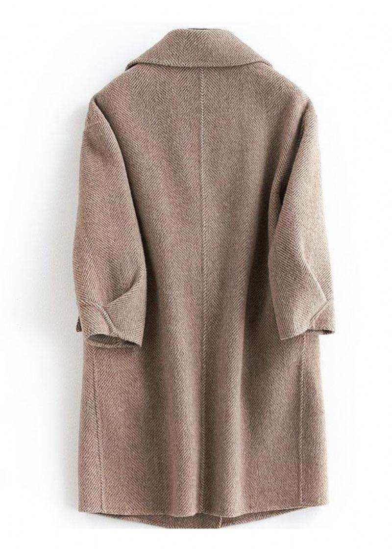 Kvinner Pluss Størrelse Lommer Outwear Khaki Notched Woolen Coat - Ullkåper for kvinner