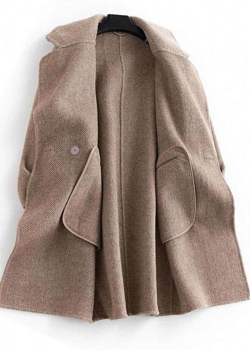 Kvinner Pluss Størrelse Lommer Outwear Khaki Notched Woolen Coat - Ullkåper for kvinner