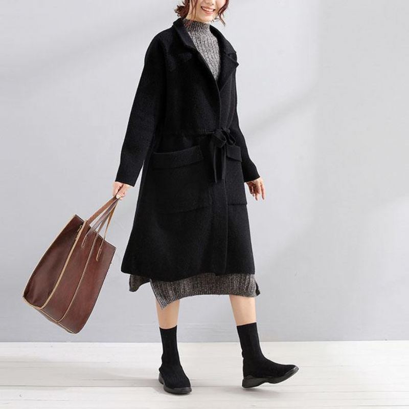 Kvinner Svart Ullkåpe Plus Size Trenchcoat Fall Square Krage Knyte Midje - Svart