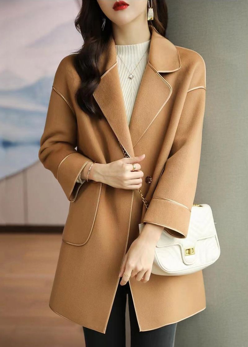 Light Camel Ull Trench Coats Lapel Oversized Fall - Ullkåper for kvinner