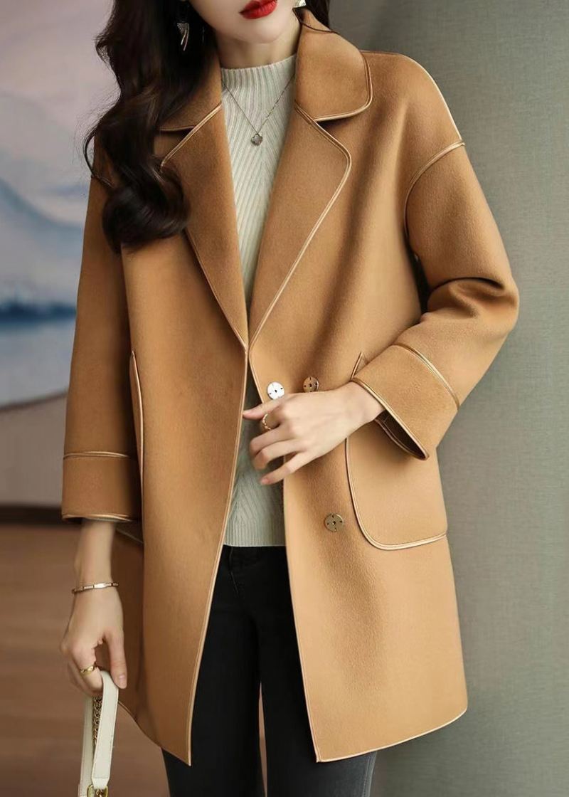 Light Camel Ull Trench Coats Lapel Oversized Fall - Ullkåper for kvinner