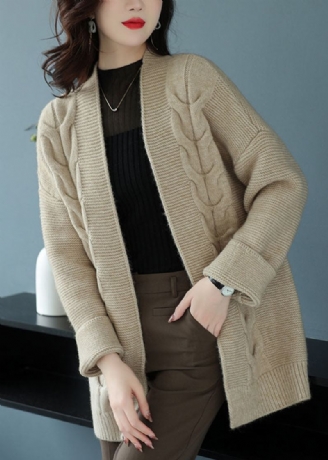 Løs Beige V-hals Patchwork Tykk Ullstrikket Cardigan Høst