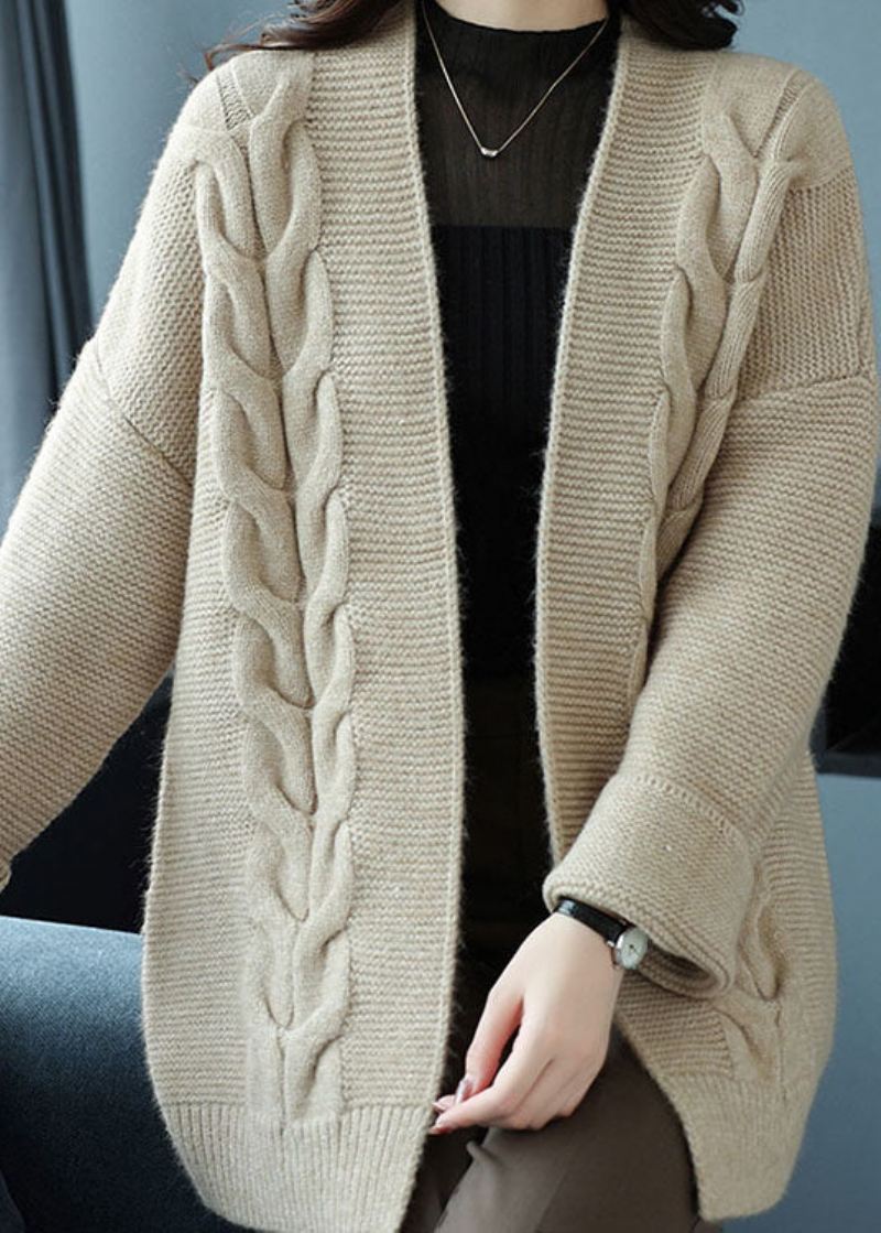 Løs Beige V-hals Patchwork Tykk Ullstrikket Cardigan Høst - Ullkåper for kvinner