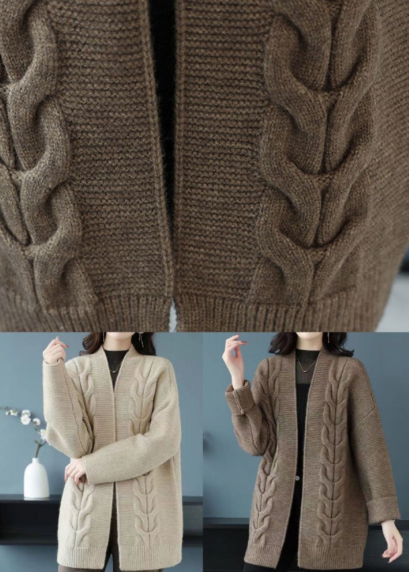 Løs Beige V-hals Patchwork Tykk Ullstrikket Cardigan Høst - Ullkåper for kvinner