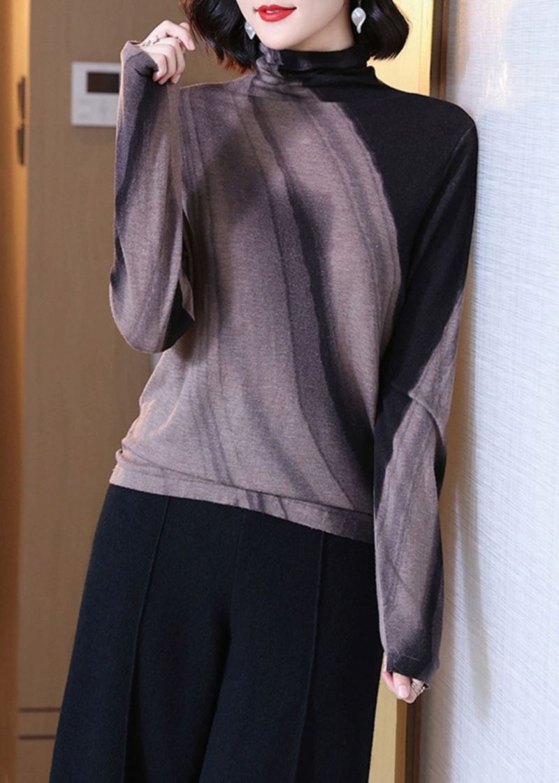 Løs Colorblock Turtleneck Patchwork Ull Topp Langermet