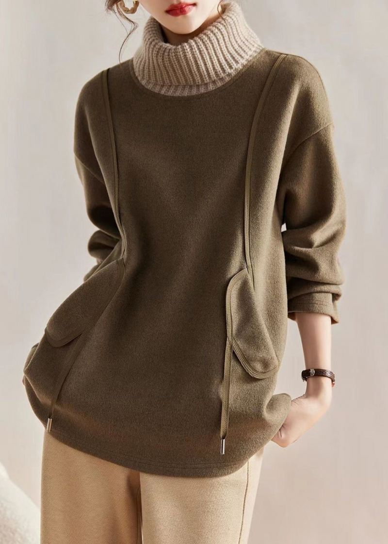 Løs Khaki Turtleneck Strikket Patchwork Ullgensere Langermet