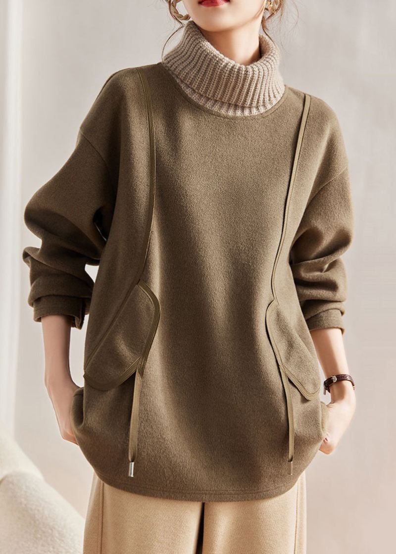 Løs Khaki Turtleneck Strikket Patchwork Ullgensere Langermet - Ullkåper for kvinner