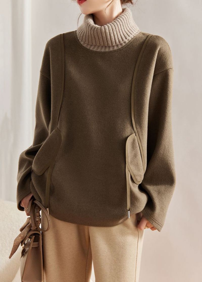 Løs Khaki Turtleneck Strikket Patchwork Ullgensere Langermet - Ullkåper for kvinner