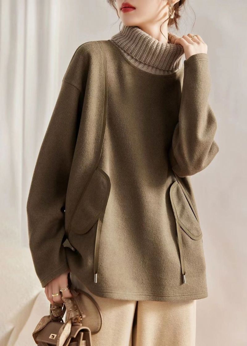 Løs Khaki Turtleneck Strikket Patchwork Ullgensere Langermet - Ullkåper for kvinner