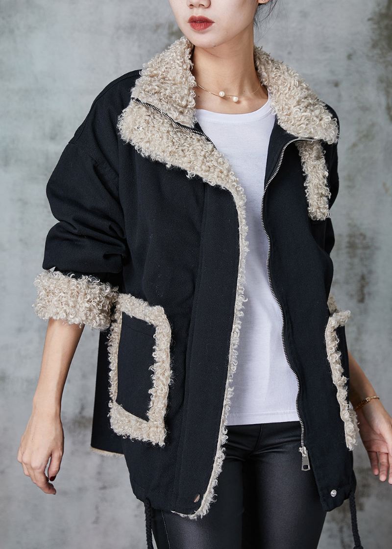 Løs Svart Oversized Patchwork Fleece Ull Fôret Frakk Vinter