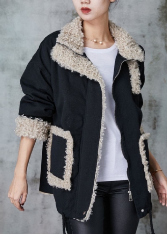 Løs Svart Oversized Patchwork Fleece Ull Fôret Frakk Vinter