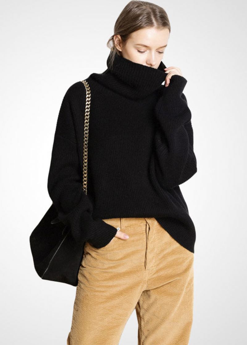 Moderne Beige Turtle Neck Oversized Varm Ull Genser Topper Vinter - Ullkåper for kvinner