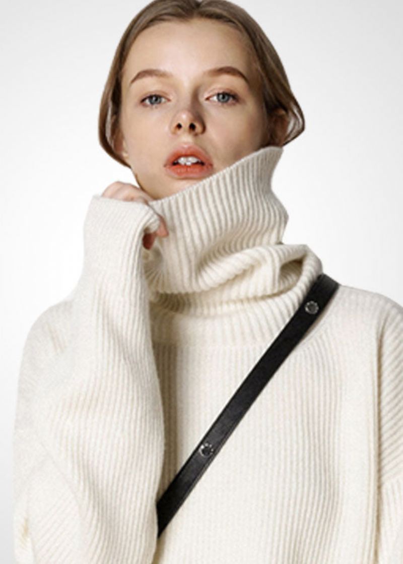 Moderne Beige Turtle Neck Oversized Varm Ull Genser Topper Vinter - Ullkåper for kvinner