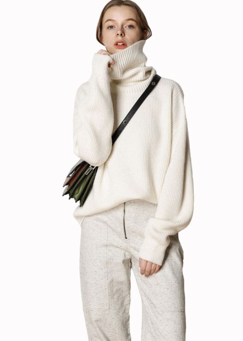 Moderne Beige Turtle Neck Oversized Varm Ull Genser Topper Vinter - Ullkåper for kvinner