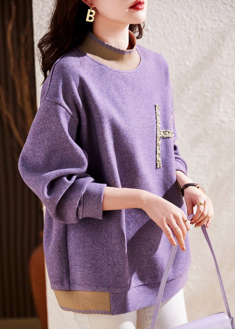 Moderne Lilla Half Hign Neck Nail Bead Patchwork Ull Pullover Sweatshirt Fall