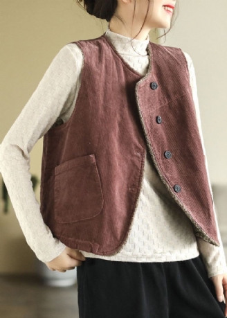 Montert Mulberry O-hals Fuzzy Wool Lined Tykk Corduroy Vest Topper Vinter