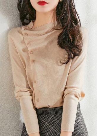 Mote Beige Asymmetrisk Rynket Knapp Ull Strikket Pullover Spring