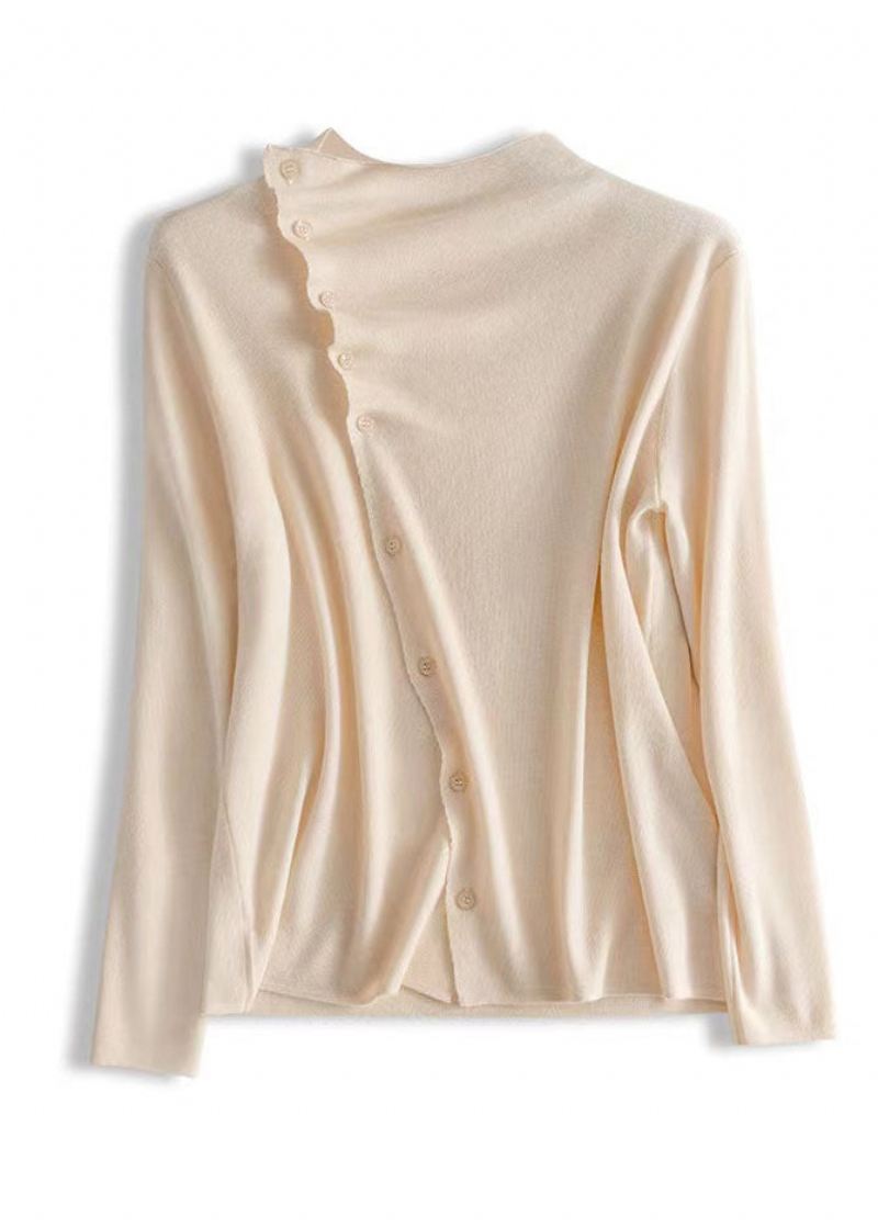 Mote Beige Asymmetrisk Rynket Knapp Ull Strikket Pullover Spring - Ullkåper for kvinner