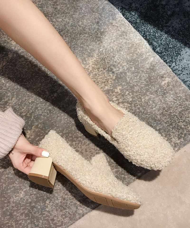 Mote Beige Teddy Chunky Heel Fuzzy Wool Lined Penny Loafers