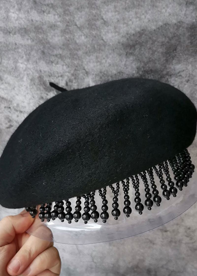 Mote Svart Nail Bead Tasseled Ull Beret Hat