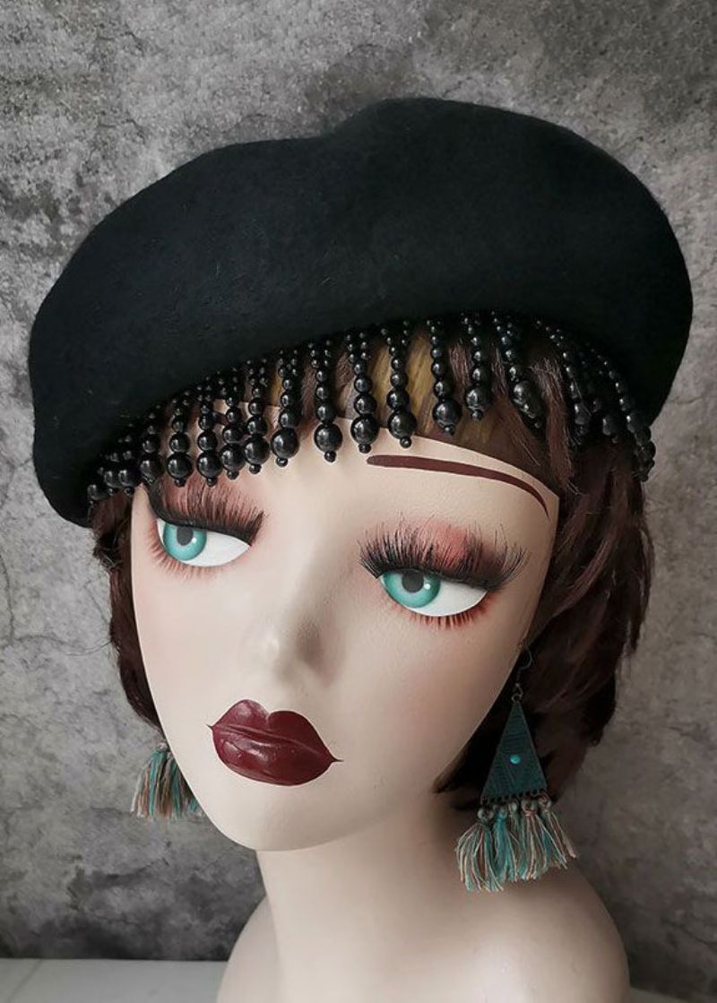 Mote Svart Nail Bead Tasseled Ull Beret Hat - Ullkåper for kvinner