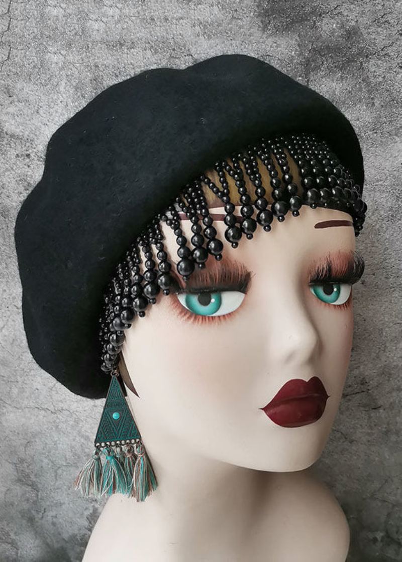 Mote Svart Nail Bead Tasseled Ull Beret Hat - Ullkåper for kvinner