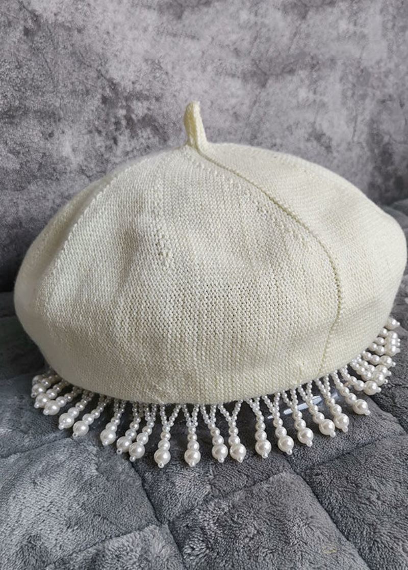 Mote Svart Nail Bead Tasseled Ull Beret Hat - Ullkåper for kvinner