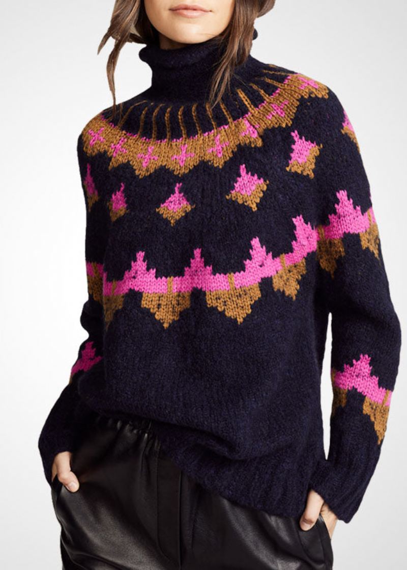 Mote Svart Turtle Neck Print Ull Strikket Genser Topper Vinter