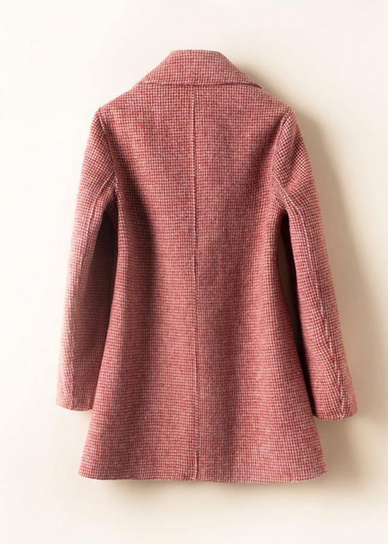 Naturlig Rose Pledd Plus Size Tunikaer For Kvinner Mote-ideer Hakkede Lommer Ullfrakker - Rosa