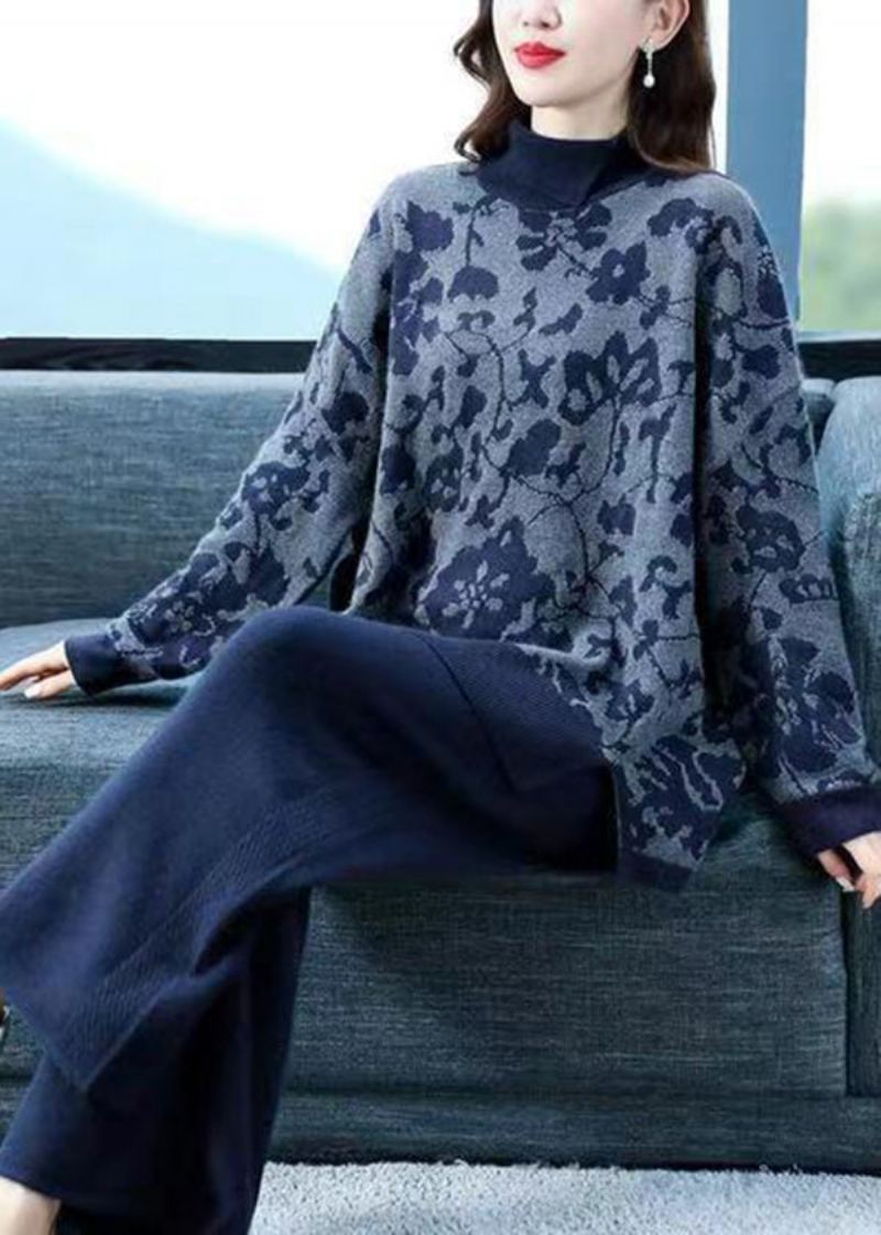 Navy Print Patchwork Ull To-delt Drakt Sett Asymmetrisk Fall - Ullkåper for kvinner