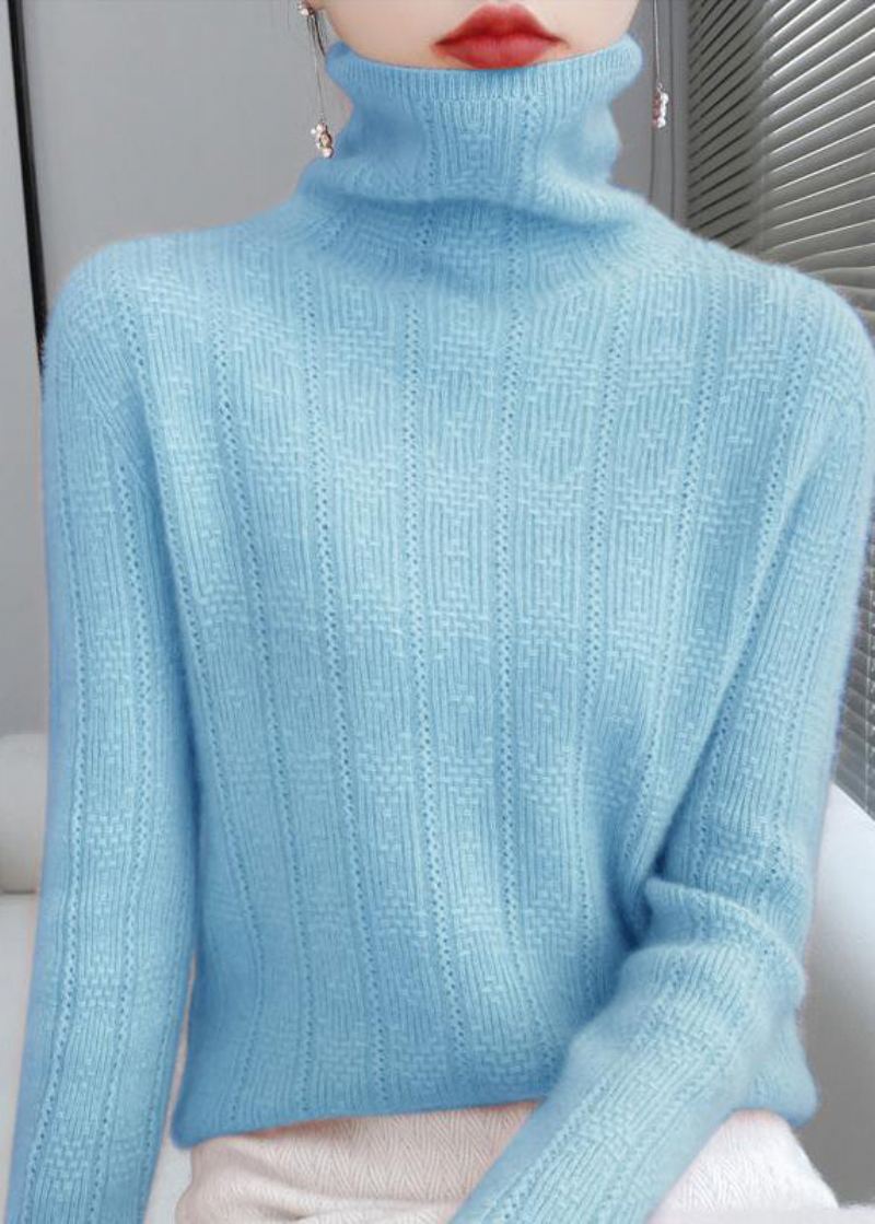 Novelty Lake Blue Turtleneck Hul Ut Ullstrikkede Gensere Høst