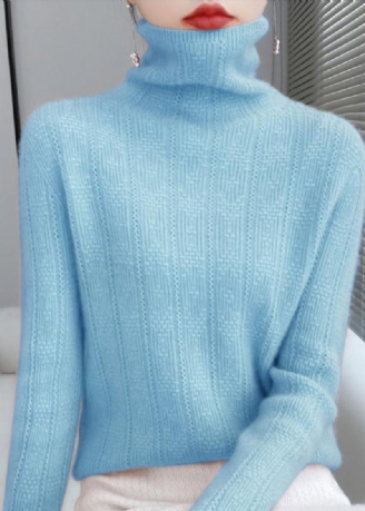 Novelty Lake Blue Turtleneck Hul Ut Ullstrikkede Gensere Høst