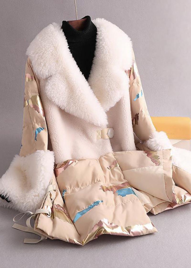 Nyhet Hvit Notched Print Ull Patchwork Button Duck Down Coat Vinter