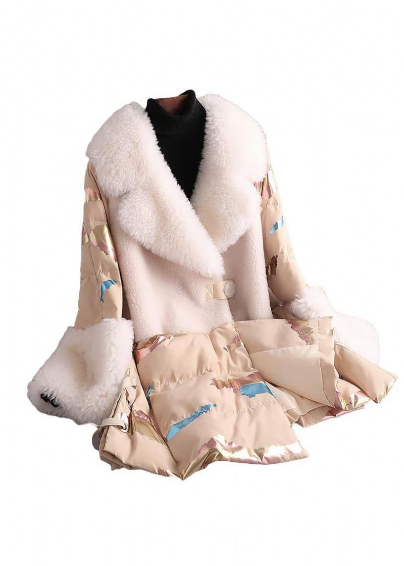 Nyhet Hvit Notched Print Ull Patchwork Button Duck Down Coat Vinter - Ullkåper for kvinner