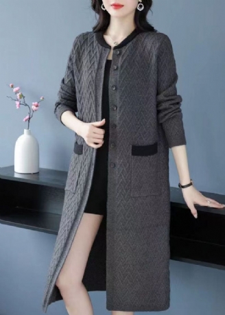 Organisk Grå O-halslommer Button Patchwork Ull Coat Fall