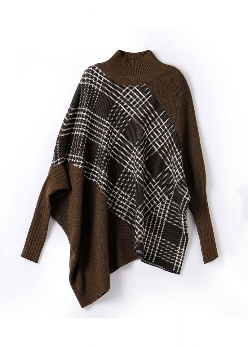 Original Oversized Coffee Asymmetrisk Patchwork Ullgensere Vinter - Ullkåper for kvinner