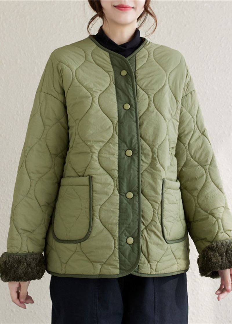 Plus Size Army Grønn O-hals Patchwork Lommer Knapp Fleece Ullforet Parka Vinter - Ullkåper for kvinner