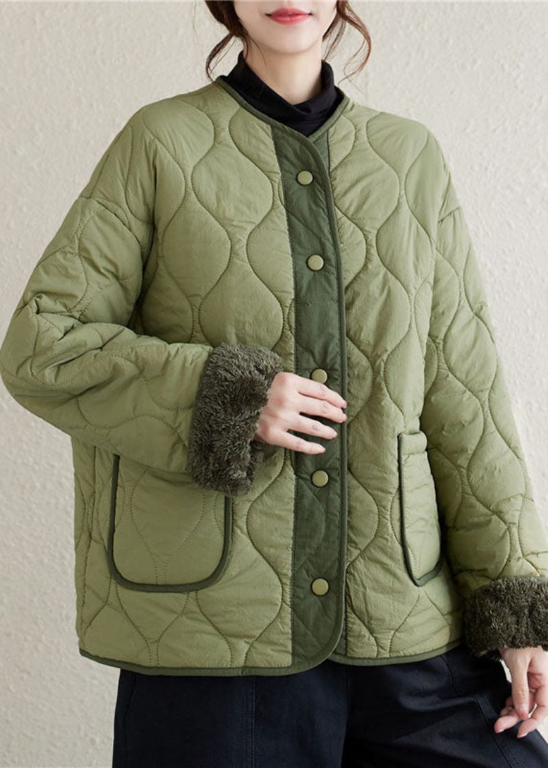 Plus Size Army Grønn O-hals Patchwork Lommer Knapp Fleece Ullforet Parka Vinter - Ullkåper for kvinner