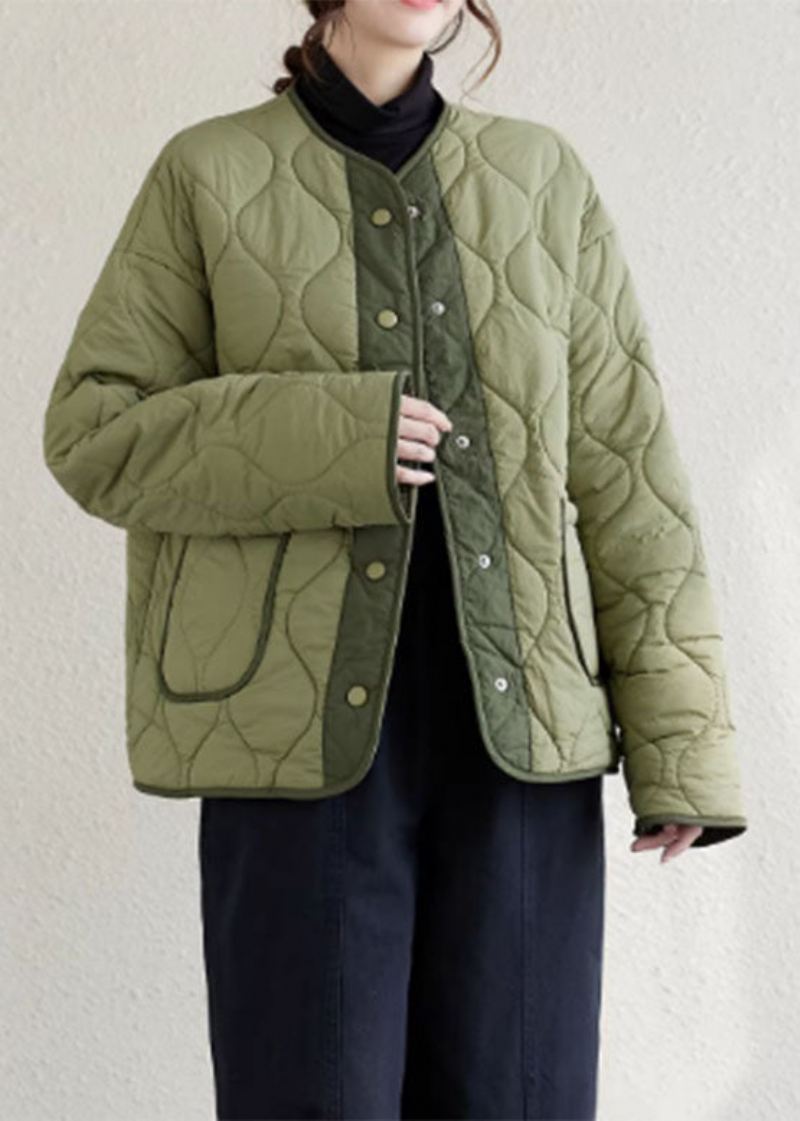 Plus Size Army Grønn O-hals Patchwork Lommer Knapp Fleece Ullforet Parka Vinter - Ullkåper for kvinner