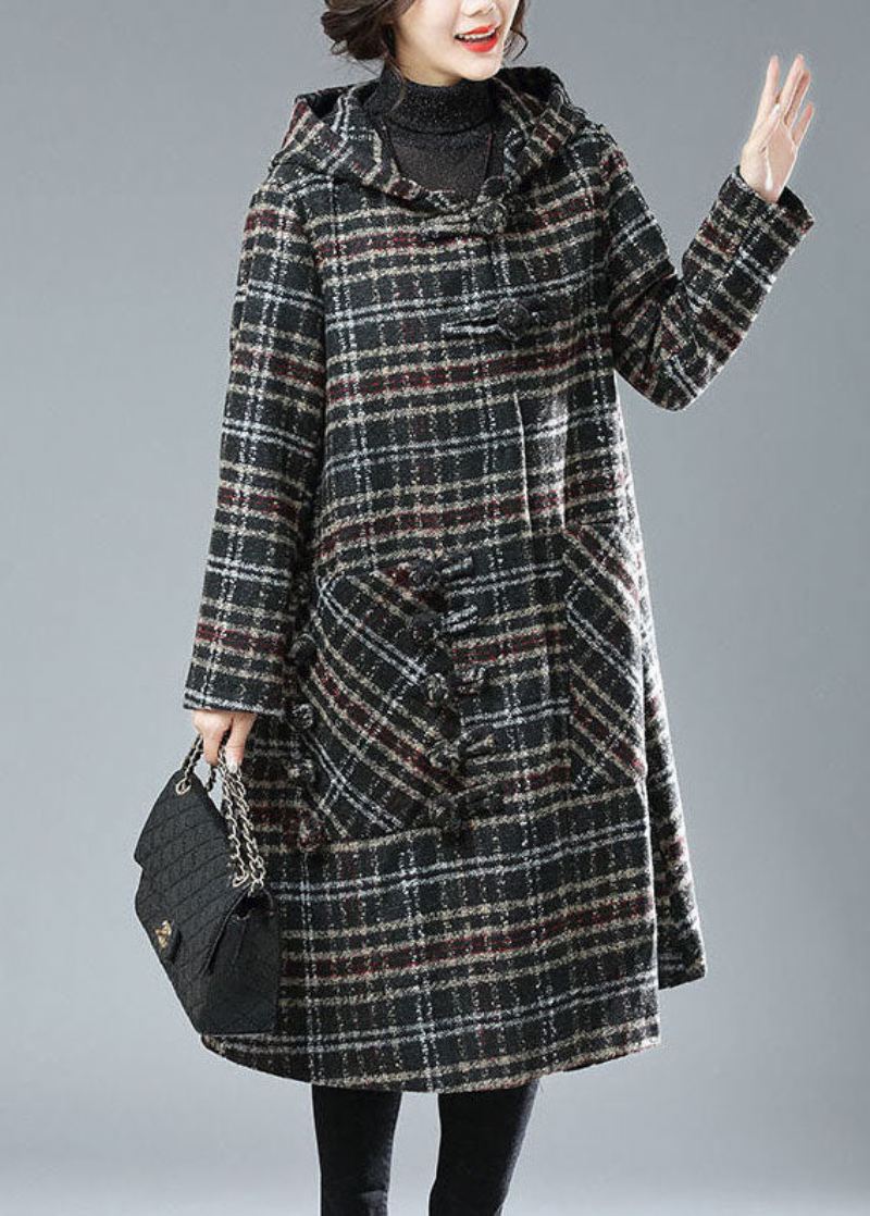 Plus Size Black Chocolate Plaid Hettelommer Tykke Ullgraver Vinter - Svart Kaffe Pledd