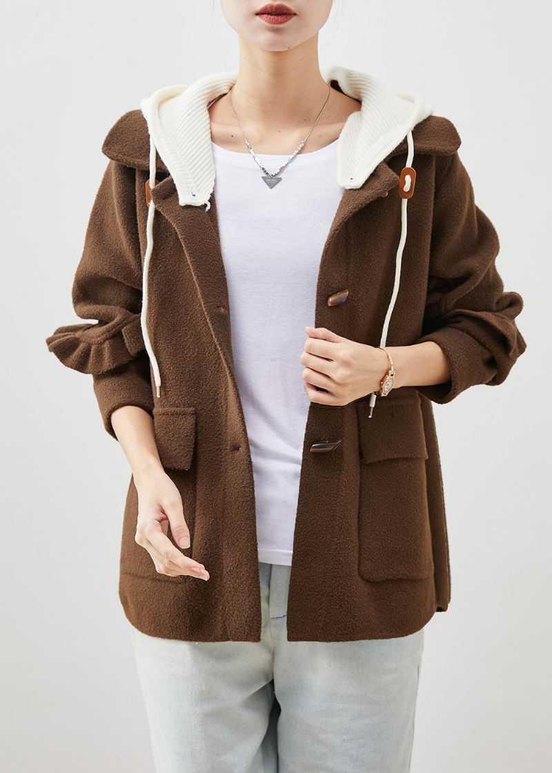 Plus Size Chocolate Ruffled Patchwork Woolen Coat Spring - Ullkåper for kvinner