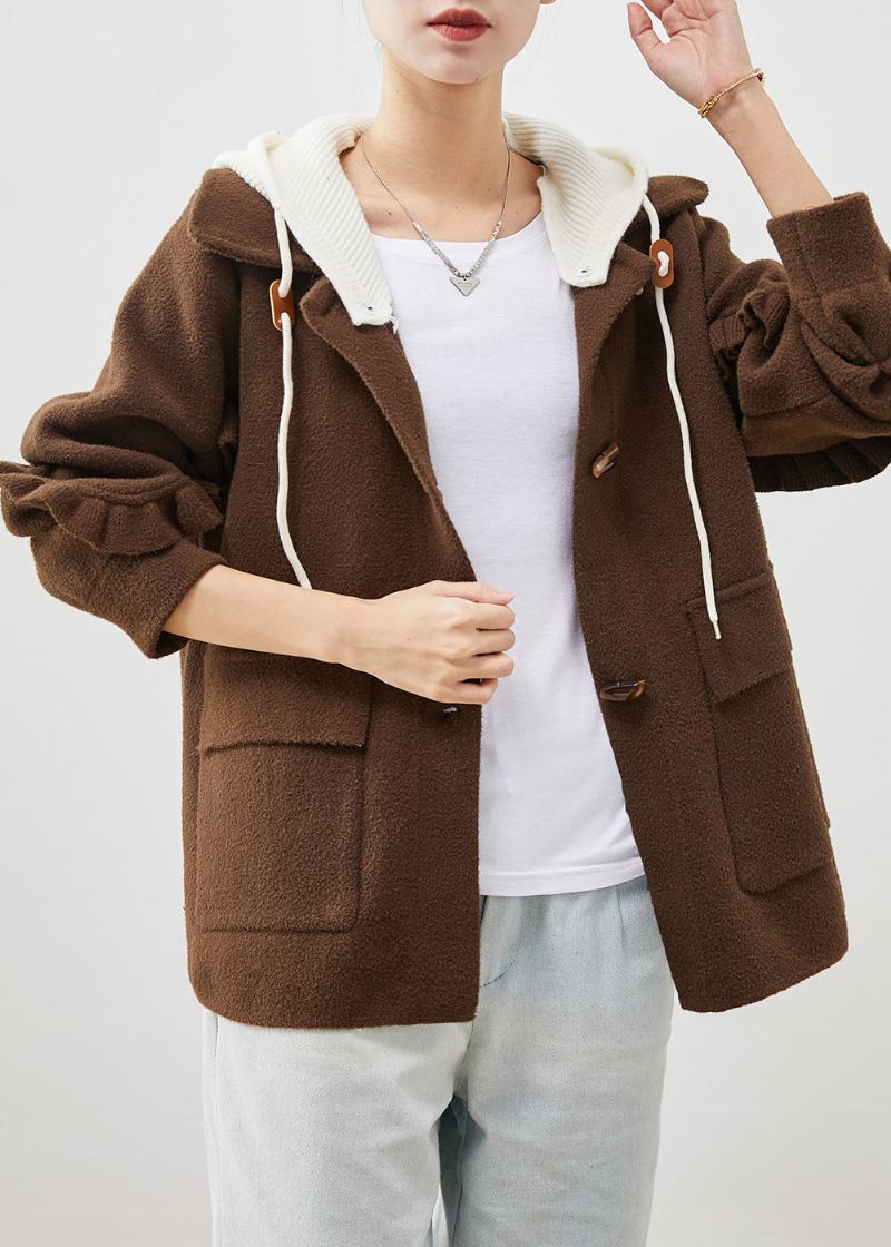 Plus Size Chocolate Ruffled Patchwork Woolen Coat Spring - Ullkåper for kvinner