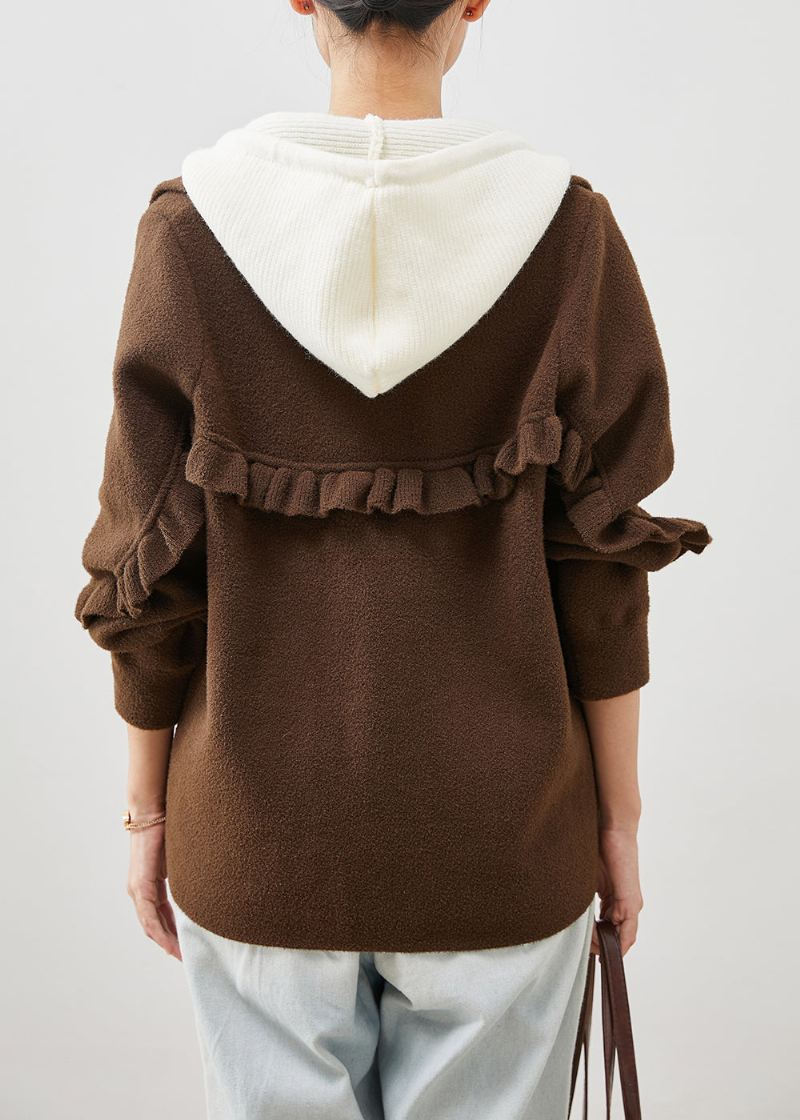 Plus Size Chocolate Ruffled Patchwork Woolen Coat Spring - Ullkåper for kvinner