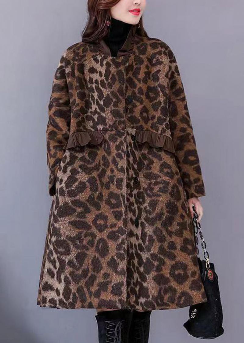 Plus Size Leopard Ruffled Lommer Tykke Ullfrakker Langermet - Ullkåper for kvinner