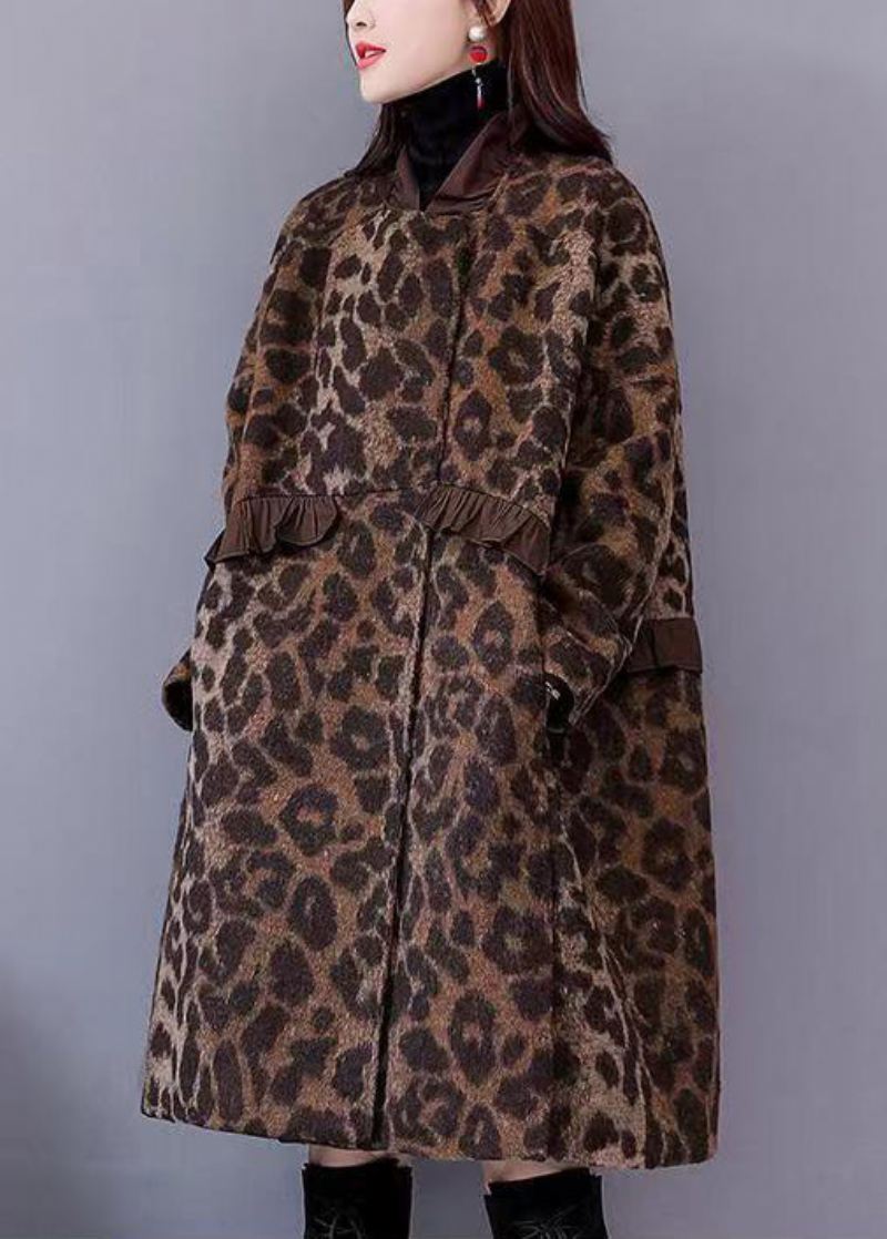 Plus Size Leopard Ruffled Lommer Tykke Ullfrakker Langermet - Ullkåper for kvinner