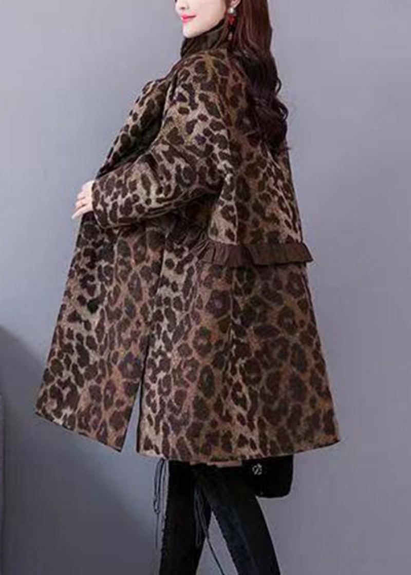 Plus Size Leopard Ruffled Lommer Tykke Ullfrakker Langermet - Ullkåper for kvinner