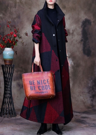 Plus Size Mulberry Stativ Krage Asymmetrisk Patchwork Button Ullen Maxi Coat Langermet