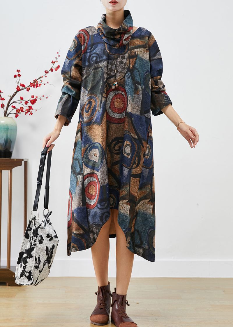 Plus Size Navy Oversized Print Ullkjole Todelt Sett Høst - Ullkåper for kvinner