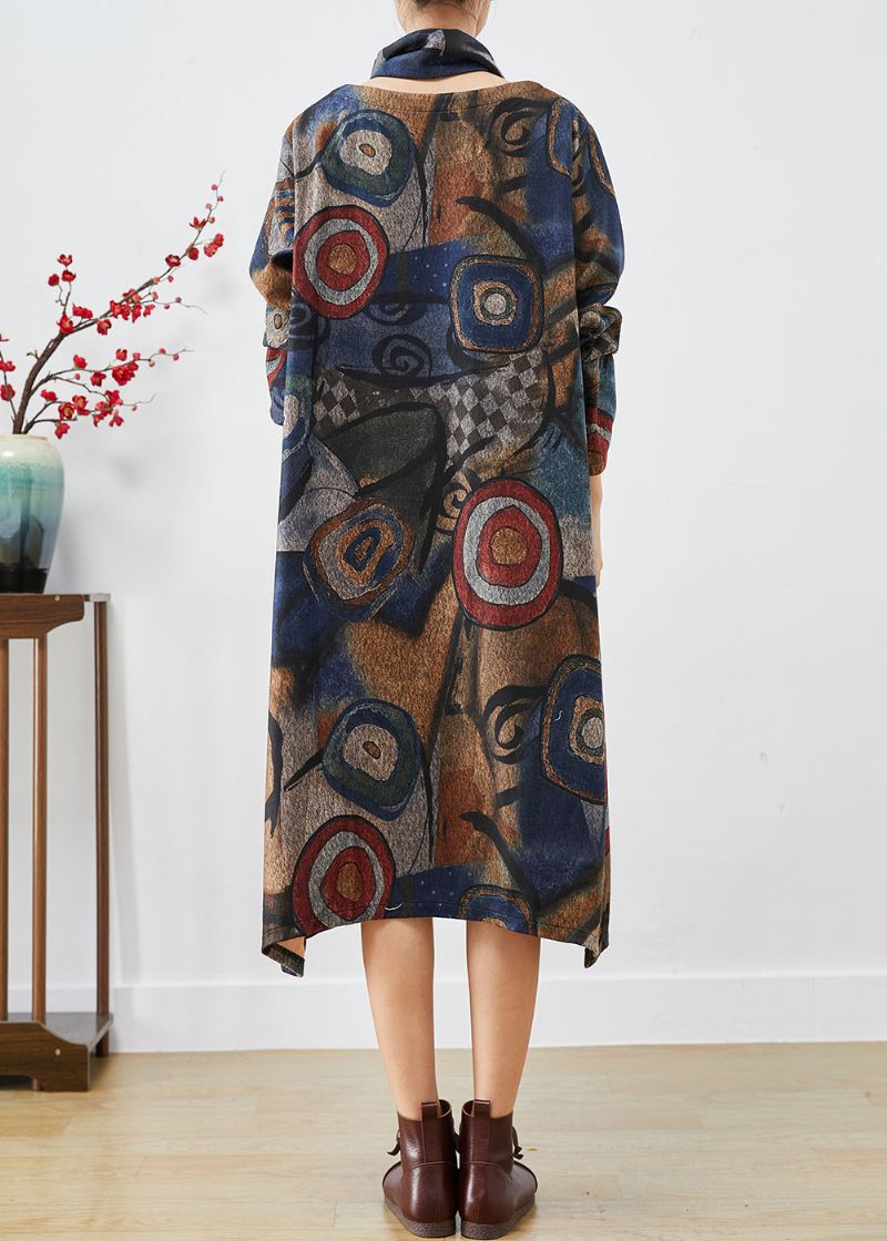 Plus Size Navy Oversized Print Ullkjole Todelt Sett Høst - Ullkåper for kvinner